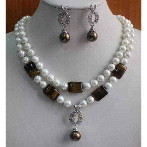 Free shipping 2row Hot Jewelry 7-8mm pearl pink Jade eye shell Pendant Necklace earring Set