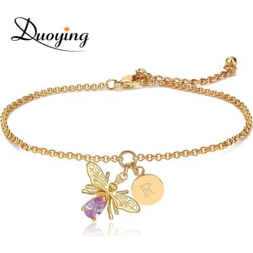 Duoying Bee Peraonalize Initial Letter A-Z bracelet for women Chain link Tiny disc Bracelet Dropshipping