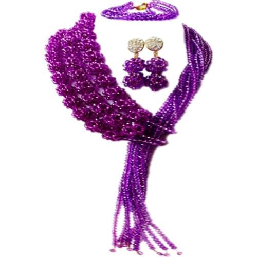 Purple Crystal Ball Beaded Necklace African Jewelry Set Nigerian Necklace Wedding Accessories 3CQST06
