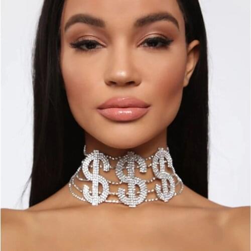 Big Money Dollar Rhinestone Necklace Statement Choker for Women Fashion Crystal Collar Necklace Chain Party Jewelry