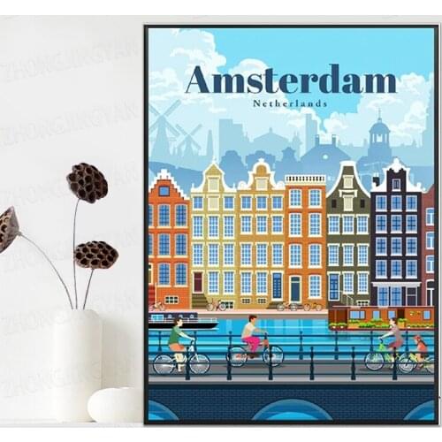 Travel to Amsterdam Canvas Travel poster Wall Art Pictures for Living Room Home Decor Frame