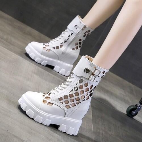 Mid Calf Platform Sandals Boots Woman Summer Black Boots Hollow out Mesh Wedges Womens Spring Shoes Increased Heel Black White