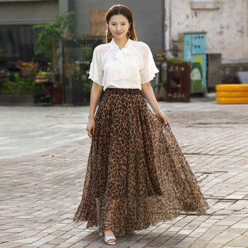 2019 Circle Skirt Chiffon Leopard print Long Maxi Summer Beach Women Vintage Female Clothing Tutu Vestidos Club Party Skirts
