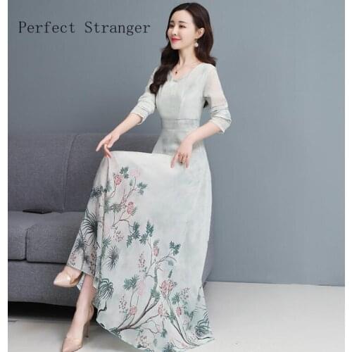 2021 Spring Autumn New Arrival V Collar Hot Sale Flower Printed Long Sleeve Women Long Dress Plus Size S-3XL