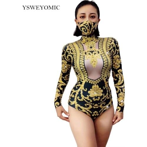 3 colors Black Gold Rhinestone Long Sleeve Printed Bodysuit Festival Birthday Celebrate Outfit Prom Women Dance Stage Wear