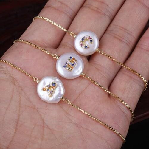 Tiny rainbow cz initial 26 alphabet letter name charm natural coin freshwater pearl bead special dainty gold bracelet for women