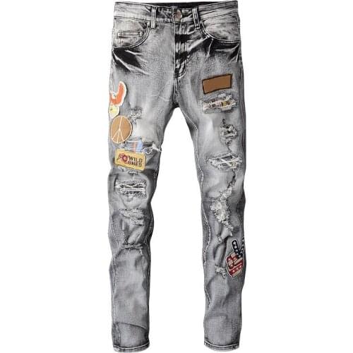 Ripped Stitching Pattern Patch Cloth Street Mens Motorcycle Pants Punk Denim Long Pants Trendy Mens Light-colored Jeans