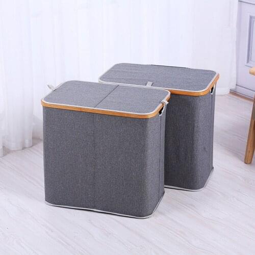 Double Laundry Basket with Lid Large Bamboo Dirty Clothes Hamper with Handle Waterproof Collapsible Laundry Hamper