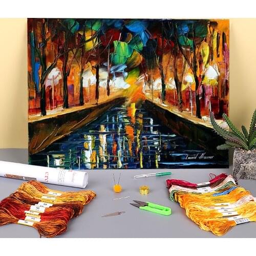 Oil Painting Style Amsterdam Printed Fabric 11CT Cross Stitch Full Kit Embroidery DMC Threads Painting Sewing Wholesale
