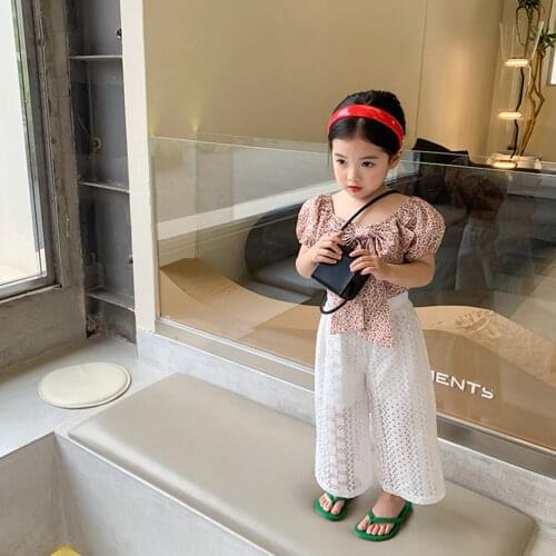 Girls Clothes Set, Floral Print Short Puff Sleeve Tops with Bow-knot + Lace Wide Leg Trousers