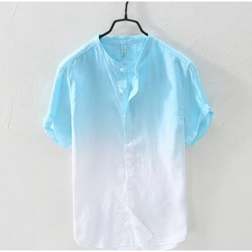 New designer stand collar gradient linen shirts men brand fashion short-sleeved flax shirt mens breathable shirts male overhemd