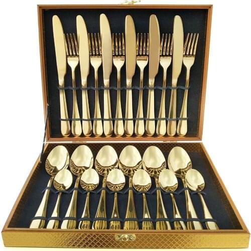 Tableware Stainless Steel Gold Flatware Steak Fork Spoon Knife Set 16/24 Pcs Golden Cutlery Dishes Dinnerware Table Sets