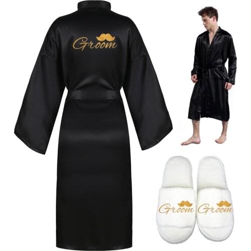 New design groom robe satin robe men long wedding couple glitter gold writing slipper robe set bridal party 2020 kimono robes