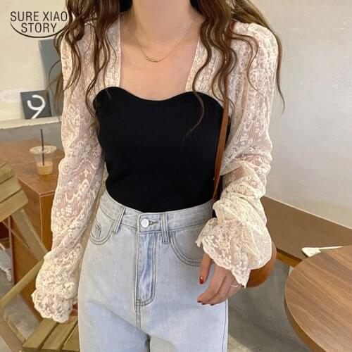 Autumn Patchwork Knitted Lace Sweet Woman Top Crochet Flower Vintage Shirt Square Collar Embroidered Elegant Blouse Blusas 17011