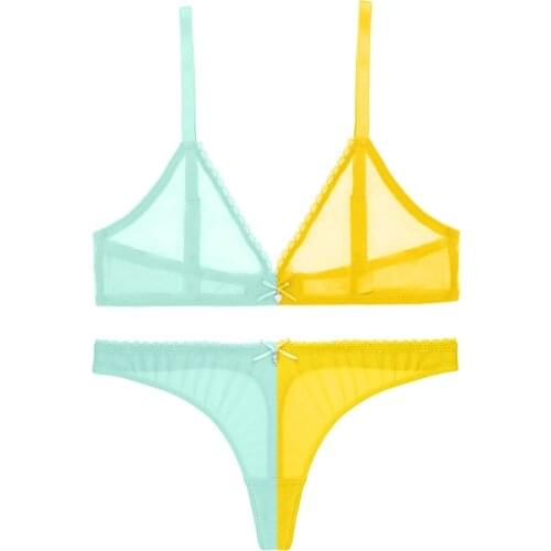 Sexy see-through mesh ladies wire free bra set mint green lemon yellow summer refreshing lingerie set bra+thong underwear set