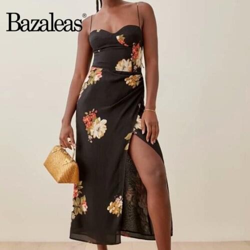 Bazaleas Chic Floral Print Black Adjust Spaghetti Strap Dress Sexy Side Split Vestidos Vintage Tube Top Midi Dress