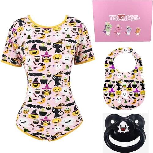 TEN@NIGHT Halloween Adult Size Sexy Baby Onesie ABDL Snap Crotch Romper Pajamas with 2 Adult Pacifier Sets