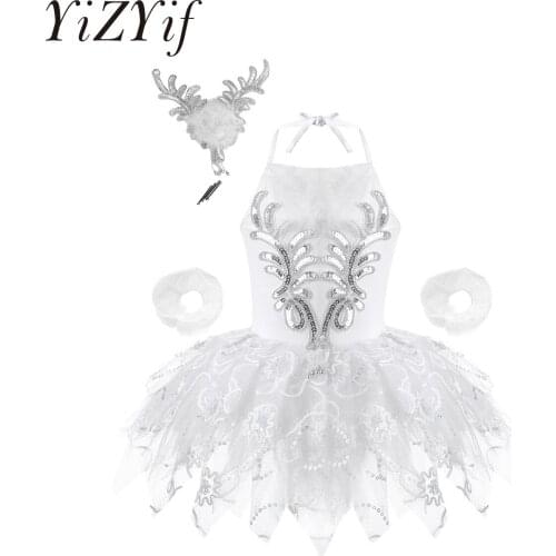 Girls' Camisole Skirted Leotards Swan Dance Performance Costumes Sparkling Lace Ballet Dress Tutu Skirt with Bracelets Headwear