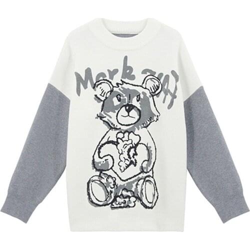 2020 Sweaters Women Korean Style Cartoon Teddy Bear Pattern Knitted Sweater Autumn O-neck Casual Oversize Pullover Jumper