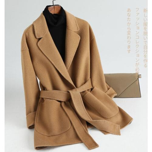 Autumn Women Wool Coat Long Sleeve with Belt Fashion Turndown Collar Female Blends Casual Loose Winter Ladies Outerwear Y497