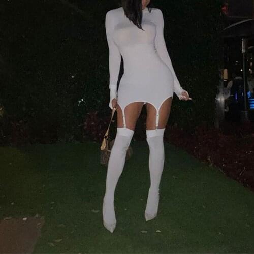 OMSJ Fall 2020 Night Dress Women Solid Bodycon Fashion White Mini Dress With Stocking Long Sleeve Clubwear Skinny Party Dresses