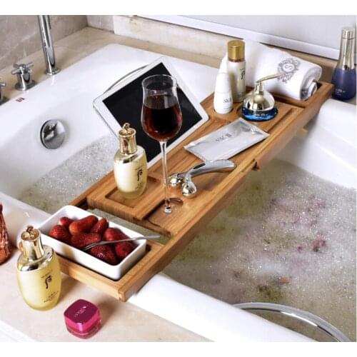 70-105cm Expandable Bamboo Bathtub Tray Non Slip Bath Tray Spa Bathtub Bathroom Organizer Book Wine Tablet Holder Reading Rack