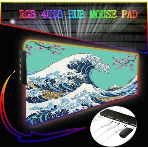 Great Wave Off Art Large Mouse Pad RGB 4-Port USB Hub PC Computer Gaming Illumination Mousepad Desk Mat Locking Edge for CSGO