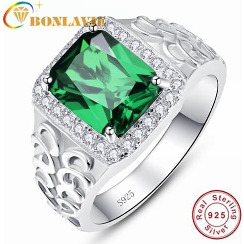 BONLAVIE 925 Sterling Silver Square Created Emerald Cubic Zirconia Relief Mens Ring for Wedding and Engagement