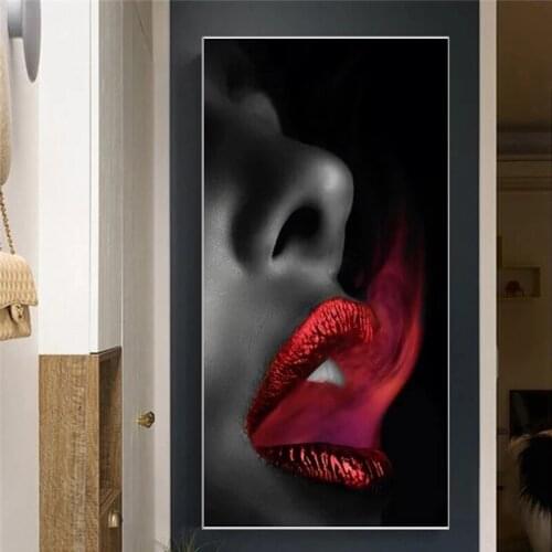 Black African Woman with Red Lip Oil Painting on Canvas Posters and Prints Cuadros Wall Art Picture for Living Room Decor