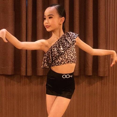 Childrens Latin Dance Training Outfits For Girls Ruffled Leopard Tops Pants Summer Cha Cha Samba Rumba Dancing Clothes BL5630