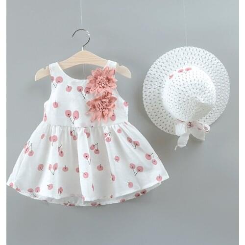NEW Dresses Children Baby Kids Girls Clothes Cute Cherry Printed Flower Party Sleeveless Princess Summer Dress + Hat Clothes Kid