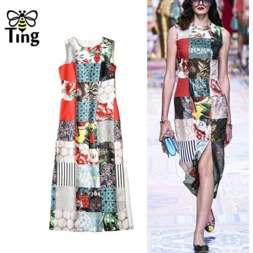 Tingfly Summer Funway Fashion Floral Printing Straight Midi Long Color Block Dress Party Night Dresses Split Vestidos Zaful New