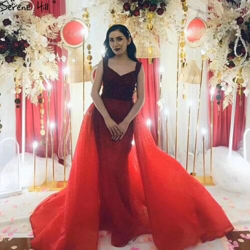 Dubai Red Mermaid Spaghetti Strap Evening Gowns 2020 Sleeveless Crystal Luxury Sexy Formal Dress Serene Hill LA70772