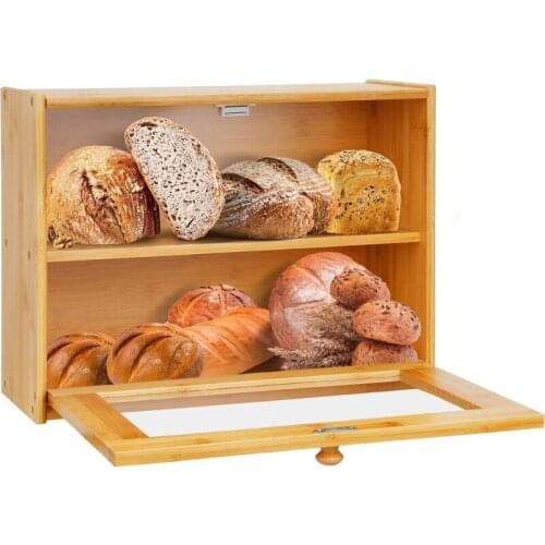 Double Layer Wooden Large Bread Box with Acrylic Clear Window Farmhouse Style Self-Assembly Storage Holder Shelf Bin for Kitchen
