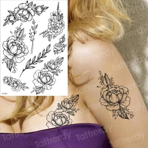 Sketch Flower Tatoo Blossom Peony Rose Waterproof Temporary Tattoo Sticker Black Tattoos Body Art Arm Hand Girl Women Fake Tatoo