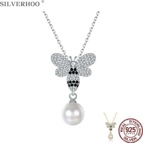 SILVERHOO 925 Sterling Silver Butterfly Crystal Shell Pearl Pendant Necklace Elegant Women Collarbone Chains Fine Jewelry 2020
