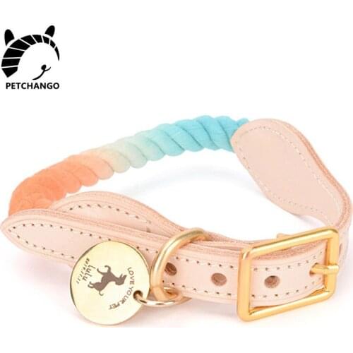 Leather & Rope Dog Collar Genuine Leather Collar for Dogs Cats Cotton Hand-made Collars for Small Large Dogs Pet Dog Accessories