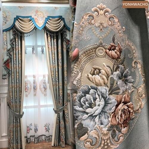Custom curtain Luxury French blue jacquard living room bedroom thick cloth blackout curtain valance tulle drape C812
