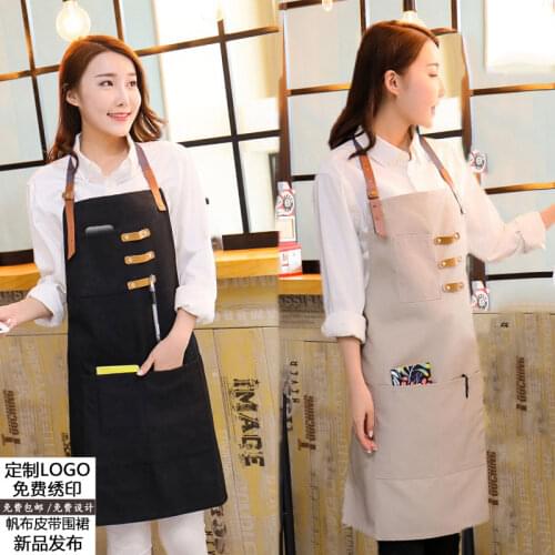Korean fashion pure canvas apron custom logo printing restaurant bar baking home waiter overalls
