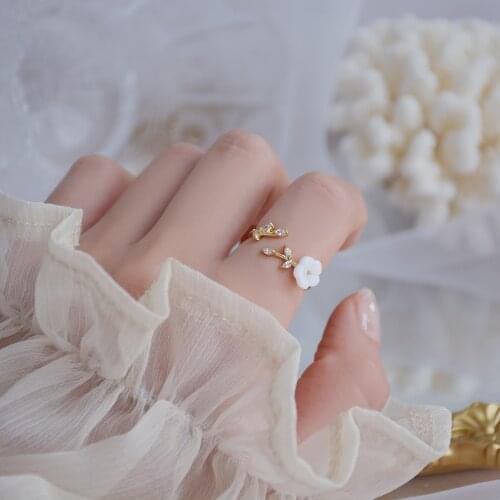 Korean new design fashion jewelry exquisite copper inlaid zircon leaf shell flower elegant female open ring