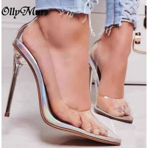 OllyMurs 2020 New Women Pumps PVC Transparent High Heels Sexy Pointed Toe Silver Party Shoes Lady Thin Heels Pumps Size 40 41 42