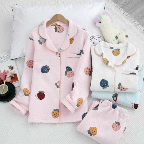 Japanese style autumn and winter three-layer thick warm air layer ladies pajamas suits cotton home clothes long-sleeved trousers