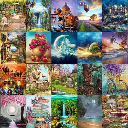 Landscape 5D Diamond Painting Full Diamond Rural Woods Beach Flowers Round Diamond Mosaic Pattern Home Decoration DIY Handmade