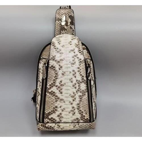 Authentic Real True Python Snakeskin Mens Small Casual Chest Bag Genuine Exotic Leather Male Messenger Bag Cross Shoulder Bag