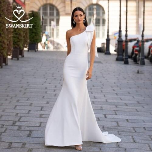 SWANSKIRT Simple Satin Wedding Dress One Shoulder Mermaid Court Train Princess Vestido De Novia I306 Customized Bridal Gown