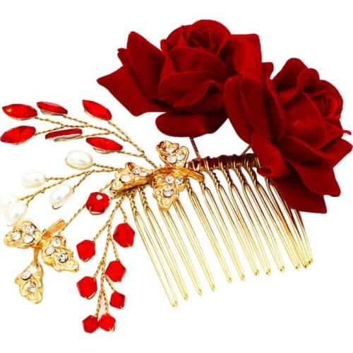 Wedding Bridal Pearl Hair Comb Red Rose Crystal Headpiece Flower Leaves Hair Accessory Hair Pins Comb