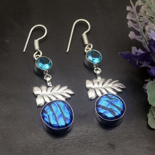 Hermosa Jewelry Trendy BlueTopaz Dichroic Glass Silver Color For Women Ladies Hook Drop Dangle Earrings 2 5/8 Inch DH29