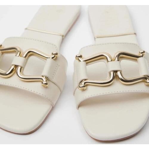 Zar a Woman 2021 Flat Shoes Spring Summer New Sexy Fashion Metal Square Toe Flat-Heeled Beach Sandals For Women Plus Size 35-41