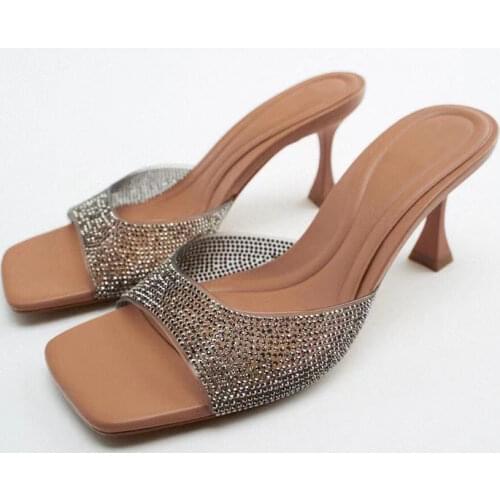 ZAR 2021 Summer New Yellow Fashion Square Toe High Heels Sexy Outer Wear Stiletto Muller Lazy Sandals And Slippers Women Luxury