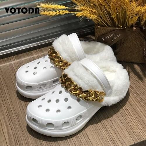 Winter Women Plush Platform Garden Shoes Woman Furry Thick Bottom Chain Slipper Ladies Heighten Clogs Slides Female Warm Sandals